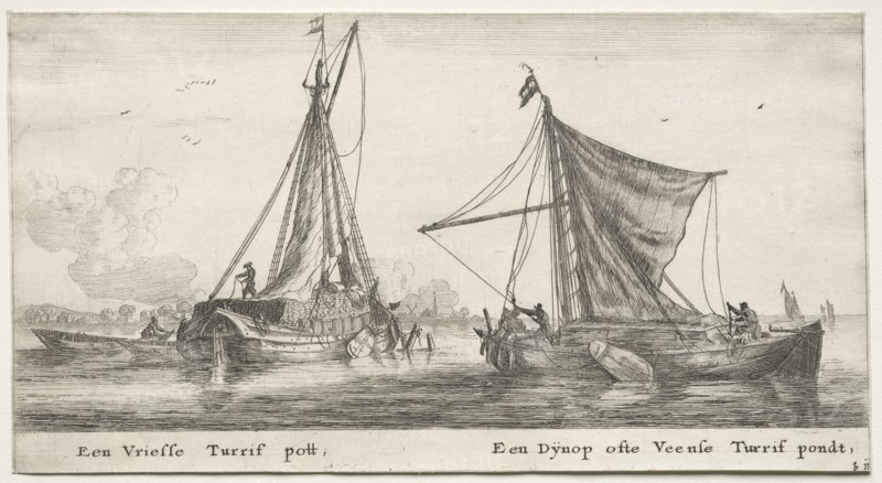 Ships of Amsterdam:  A Frisian Peat Barge.  The Dÿnop, near the Veensche Peat Pond. Reinier Nooms (Dutch, c. 1623-1667). Etching