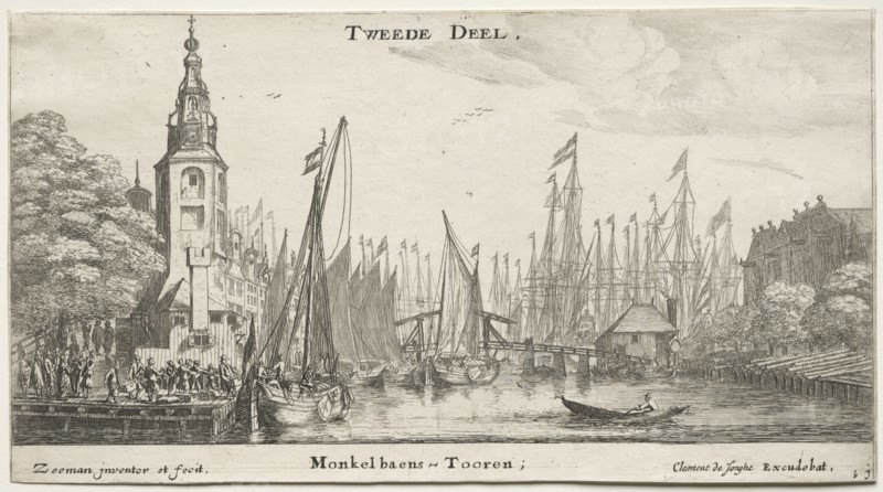 Ships of Amsterdam: Canal near Amsterdam and Tower of Monkel. Reinier Nooms (Dutch, c. 1623-1667). Etching