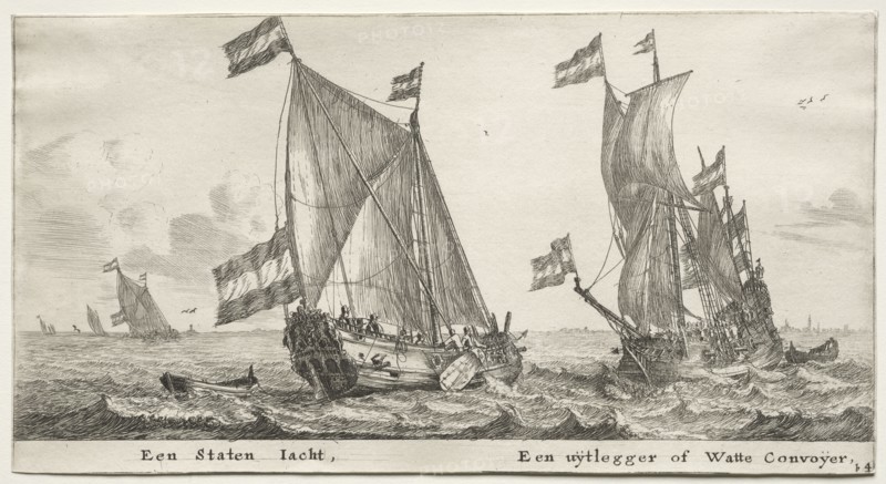Ships of Amsterdam:  Dutch Admiralty Yacht.  A Guard Ship. Reinier Nooms (Dutch, c. 1623-1667). Etching