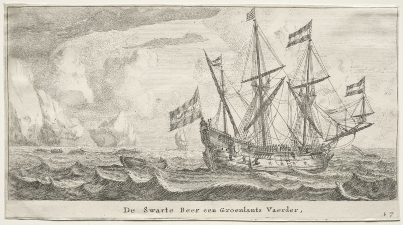 Ships of Amsterdam:  The Black Bear, a Greenland Whaler. Reinier Nooms (Dutch, c. 1623-1667). Etching
