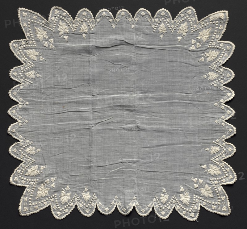 Handkerchief, 1800s. France, 19th century. Embroidery; cotton on linen; overall: 45.7 x 43.2 cm (18 x 17 in.).