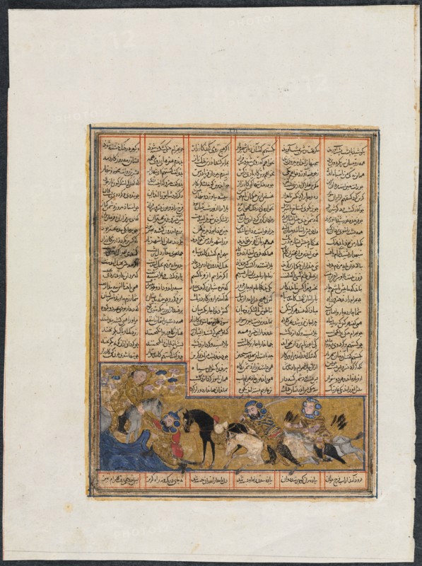 Khusrau Parviz Fleeing Bahram Chubineh and Being Saved by Angel Sarush (recto) from a Shahnama (Book of Kings) of Firdausi (940–1019 or 1025), c. 1299. Iraq, Baghdad, Ilkhanid period (1256-1353). Opaque watercolor and ink on paper; image: 5 x 13.2 cm (1 15/16 x 5 3/16 in.); overall: 25 x 18.8 cm (9 13/16 x 7 3/8 in.).