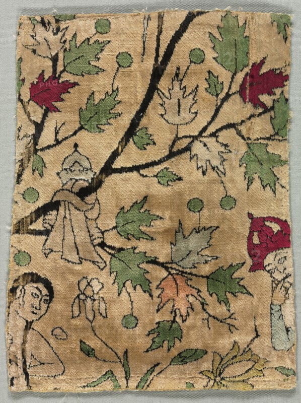 Velvet Fragment, Khusrau Sees Shirin Bathing, 1550-99. Iran, Kashan, Safavid period (1501-1722). Silk; velvet, cut, pile-warp substitution; overall: 21.7 x 15.7 cm (8 9/16 x 6 3/16 in.)