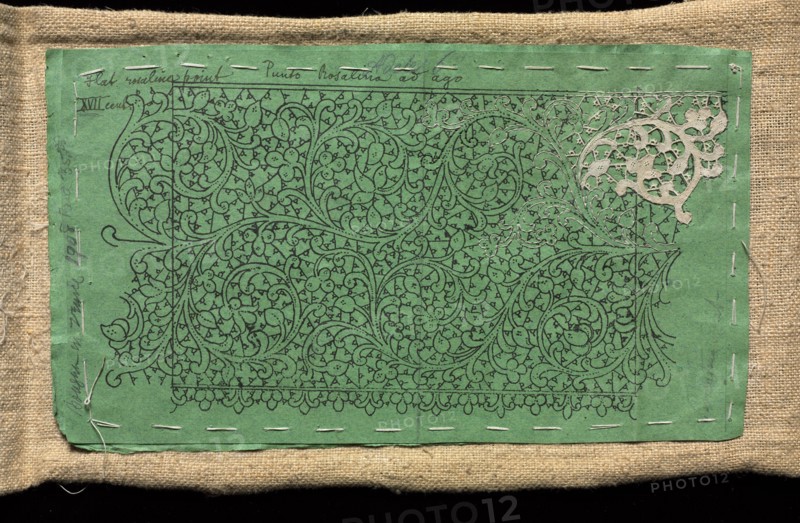 Pattern for Lace with Small Section of Venetian Flat Point Lace worked on It, 17th century. Italy, Venice, 17th century. Paper, needlepoint, lace; average: 23.2 x 13.4 cm (9 1/8 x 5 1/4 in.).