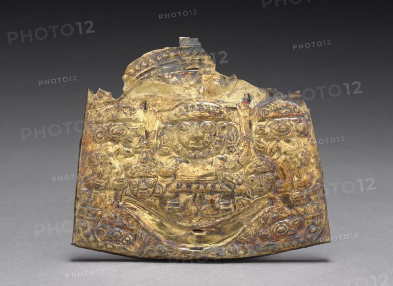Plaque with Figures, 900-1470. Peru, North Coast, Chimú style (900-1470). Hammered gold alloy; overall: 10.7 x 12.3 cm (4 3/16 x 4 13/16 in.).