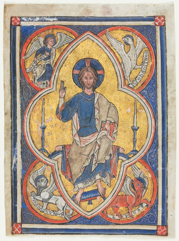 Miniature Excised from a Psalter: Christ in Majesty with Symbols of the Four Evangelists, c. 1235. England, Abbey of Peterborough(?), 13th century. Ink, tempera, and gold on vellum; sheet: 18.9 x 13.9 cm (7 7/16 x 5 1/2 in.)