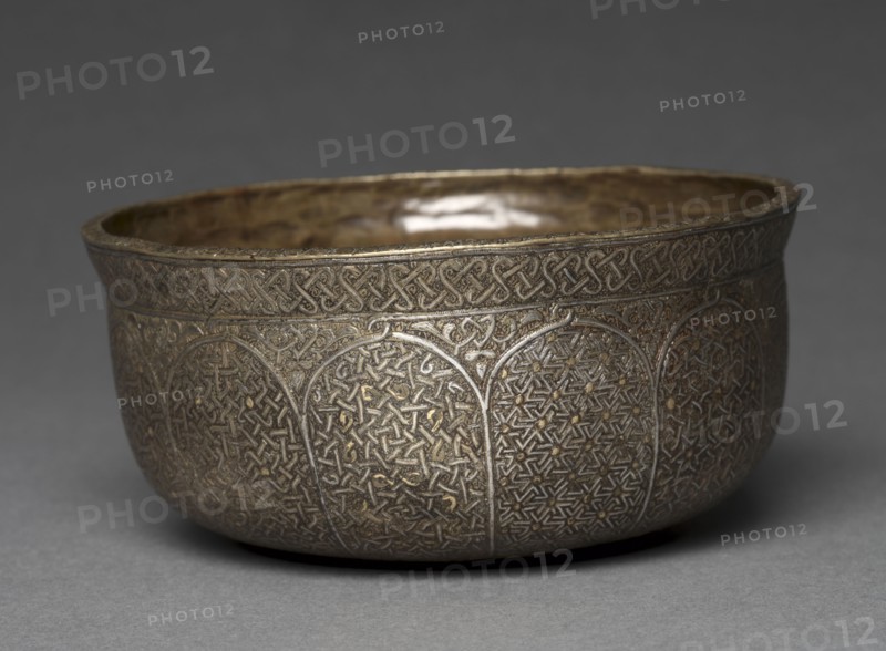 Bowl with Geometric Designs, 1450-1500. Syria, Damascus, Burji Mamluk period, 15th Century. Sheet brass, inlaid with silver and gold; diameter: 13.2 cm (5 3/16 in.).