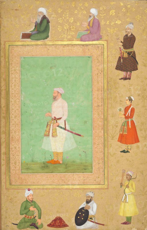 Page from the Late Shah Jahan Album: Portrait of Asaf Khan, c. 1653. India, Mughal court, reign of Shah Jahan (1628-1658), Mughal Dynasty (1526-1756). Opaque watercolor and gold  on paper; image: 19 x 11.9 cm (7 1/2 x 4 11/16 in.); overall: 38 x 24.8 cm (14 15/16 x 9 3/4 in.); with mat: 49 x 36.3 cm (19 5/16 x 14 5/16 in.).