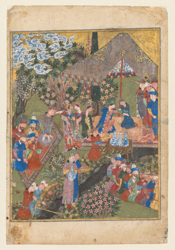 Royal Feast in a Garden, verso of right folio from the double-page frontispiece of a Shah-nama of Firdausi (Persian, about 934–1020), c. 1440. Opaque watercolor, gold, and silver on paper; image: 26.3 x 20.7 cm (10 3/8 x 8 1/8 in.); overall: 32.5 x 22.1 cm (12 13/16 x 8 11/16 in.).