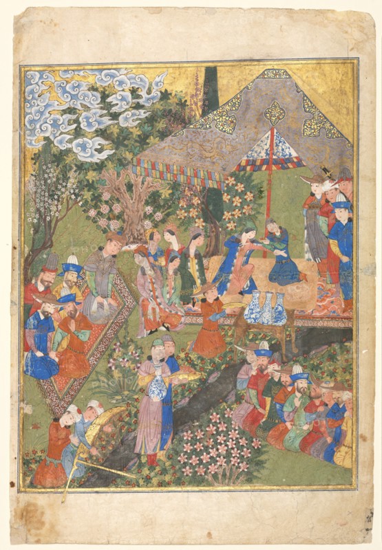 Royal Reception in a Landscape, right folio from a double-page frontispiece of a Shahnama (Book of Kings) of Firdausi (940–1019 or 1025), 1444. Iran, Shiraz, Timurid period (1370-1501). Opaque watercolor, gold, and silver on paper; overall: 32.5 x 22.1 cm (12 13/16 x 8 11/16 in.); recto image: 27.7 x 10.3 cm (10 7/8 x 4 1/16 in.); verso image: 26.3 x 20.7 cm (10 3/8 x 8 1/8 in.).