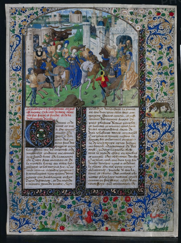 Leaf from Jehan de Courcy's "Chronique Universelle": King Priam Meets Helen and Paris outside the Gates of Troy, c. 1470. Northeastern France, 15th century. Ink, tempera, and gold on vellum; sheet: 36.3 x 27.2 cm (14 5/16 x 10 11/16 in.).