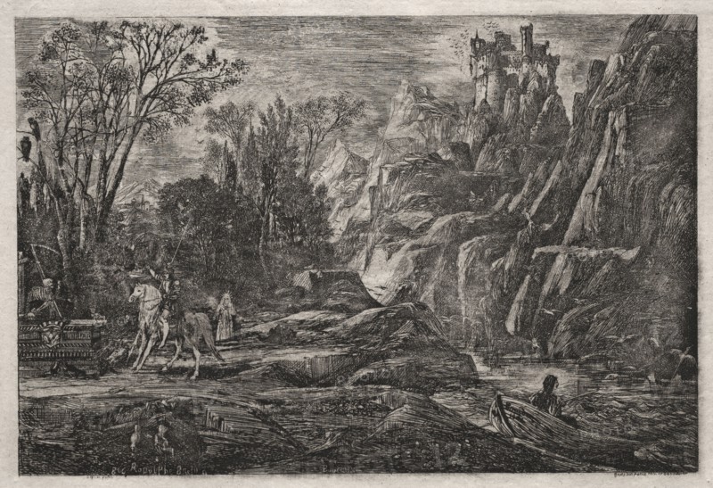 In 1866, this etching, then titled "Une vielle légende," was included in the exhibition of the Société des amis des arts in Bordeaux.: The Knight and Death, 1866. Rodolphe Bresdin (French, 1822-1885). Etching and roulette; sheet: 27.5 x 32.8 cm (10 13/16 x 12 15/16 in.); platemark: 17.7 x 25 cm (6 15/16 x 9 13/16 in.)