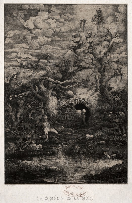 The Comedy of Death, 1854. Rodolphe Bresdin (French, 1822-1885), Lemercier. Lithograph; sheet: 29.9 x 22.9 cm (11 3/4 x 9 in.); image: 21.9 x 15.1 cm (8 5/8 x 5 15/16 in.)