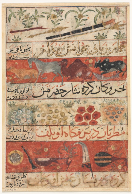 Animals, Precious Stones, Coins, and Musical Instruments (recto); Animals, Birds, and Plants (verso), 1341. Iran, Shiraz, Ilkhanid Period, 14th Century. Opaque watercolor, ink and gold on paper; overall: 19.7 x 13.5 cm (7 3/4 x 5 5/16 in.).