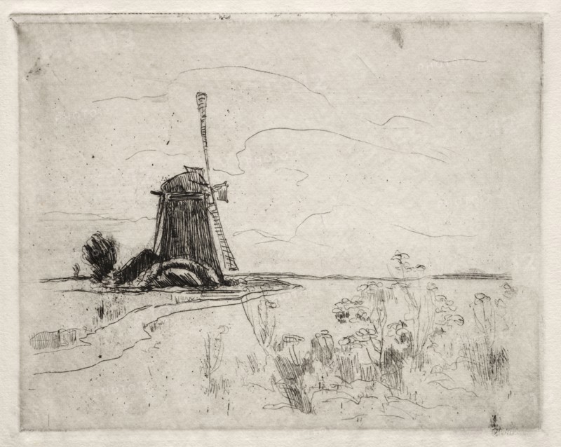 Mill and Weeds, Holland. John Henry Twachtman (American, 1853-1902). Etching