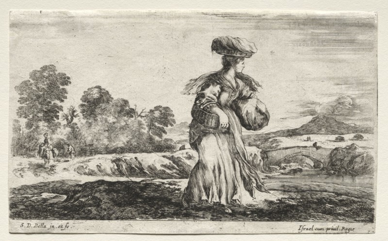Various Figures and Landscapes:  Peasant Woman Carrying a Basket on her Head, 1649. Stefano Della Bella (Italian, 1610-1664). Etching