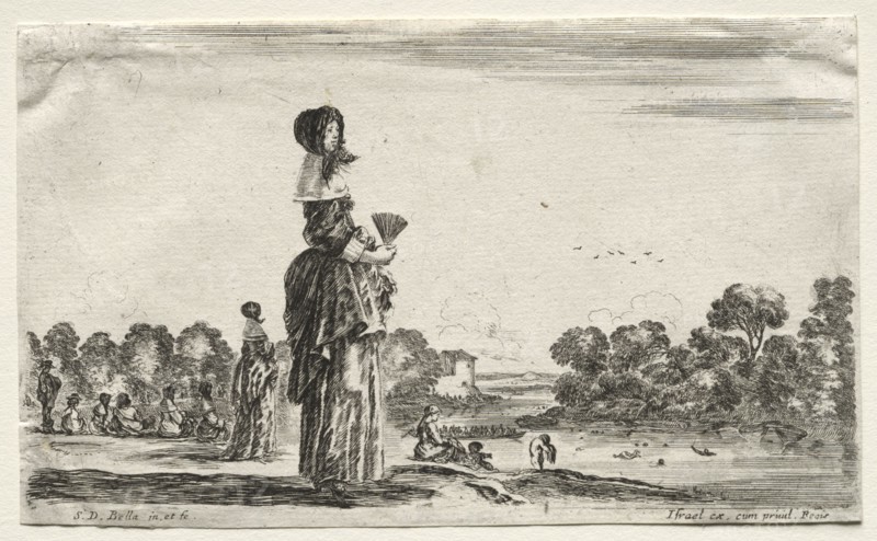 Various Figures and Landscapes:  Women Watching Bathers along a River, 1649. Stefano Della Bella (Italian, 1610-1664). Etching