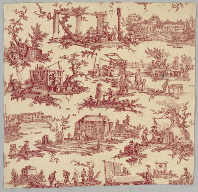 Les Travaux de la Manufacture, c. 1790s. France, Late 18th century. Plain weave cotton, printed; overall: 91.4 x 96.5 cm (36 x 38 in.)
