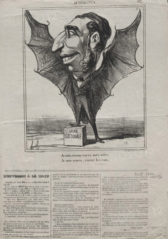 Published in le Charivari (24 March 1869): Actualities (No. 62): I am a bird, see my wings.., 1869. Honoré Daumier (French, 1808-1879). Lithograph; sheet: 43.3 x 61 cm (17 1/16 x 24 in.); image: 24.7 x 20.9 cm (9 3/4 x 8 1/4 in.)
