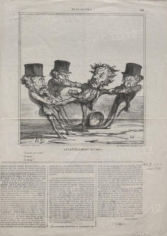Published in le Charivari (8 May 1869): Actualities (No. 98): The quartering reinstated, 1869. Honoré Daumier (French, 1808-1879). Lithograph; sheet: 43.6 x 62 cm (17 3/16 x 24 7/16 in.); image: 23.3 x 22.3 cm (9 3/16 x 8 3/4 in.)