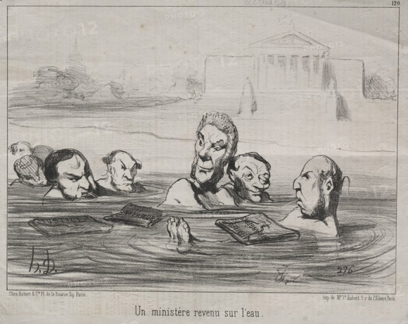 Published in le Charivari (26 April 1851): Actualities (No. 120): A Minister returns to the water, 1851. Honoré Daumier (French, 1808-1879). Lithograph; sheet: 23.6 x 34.8 cm (9 5/16 x 13 11/16 in.); image: 19.6 x 26.8 cm (7 11/16 x 10 9/16 in.)