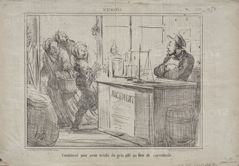 Published in le Charivari (7 December 1855): Actualities (No. 252): Condemned for having sold a pile of sand instead of moist brown sugar, 1855. Honoré Daumier (French, 1808-1879). Lithograph; sheet: 24.7 x 36 cm (9 3/4 x 14 3/16 in.); image: 19.3 x 25.6 cm (7 5/8 x 10 1/16 in.)