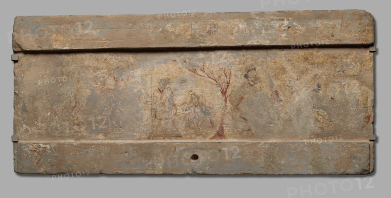 The Killing of Three Warriors with Two Peaches, 206 BC - AD 220. China, Han dynasty (202 BC-AD 220). Painted tile, black and red color on slip over gray earthenware; overall: 47 x 102.2 cm (18 1/2 x 40 1/4 in.).