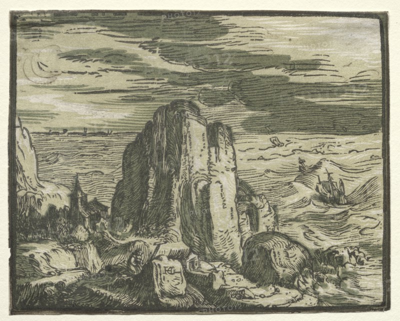 From  a set of 4 Landscapes: Cliffon the seashore. Hendrick Goltzius (Dutch, 1558–1617). Chiaroscuro woodcut