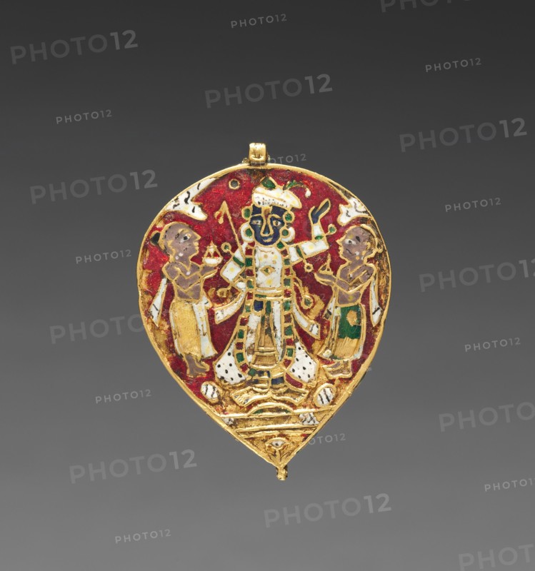 Pendant:  Krishna as Sri Nathaji, c. 1800-1830. India, Udaipur, Nethdwara area, 19th century. Champlevé enamel; overall: 5.2 x 3.9 cm (2 1/16 x 1 9/16 in.).