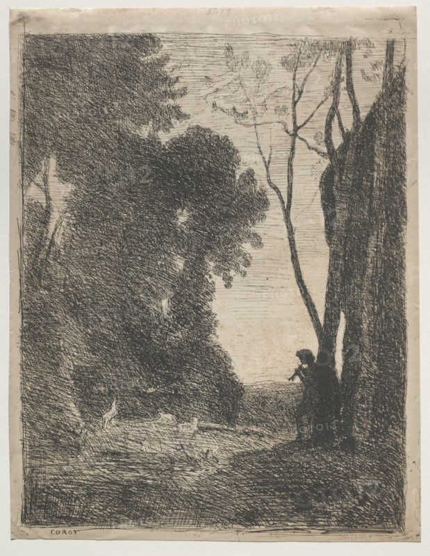 The Little Shepherd, 1855. Jean Baptiste Camille Corot (French, 1796-1875). Cliché-verre; sheet: 35.7 x 27.5 cm (14 1/16 x 10 13/16 in.); image: 33.5 x 26 cm (13 3/16 x 10 1/4 in.)
