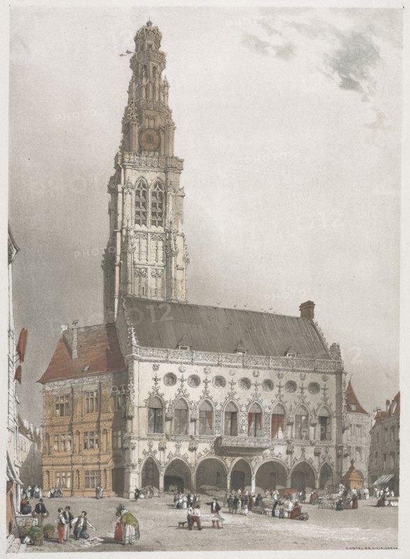 Picturesque Architecture in Paris, Ghent, Antwerp, Rouen:  L'Hôtel de Ville, Arras, France, 1839. Thomas Shotter Boys (British, 1803-1874). Lithograph