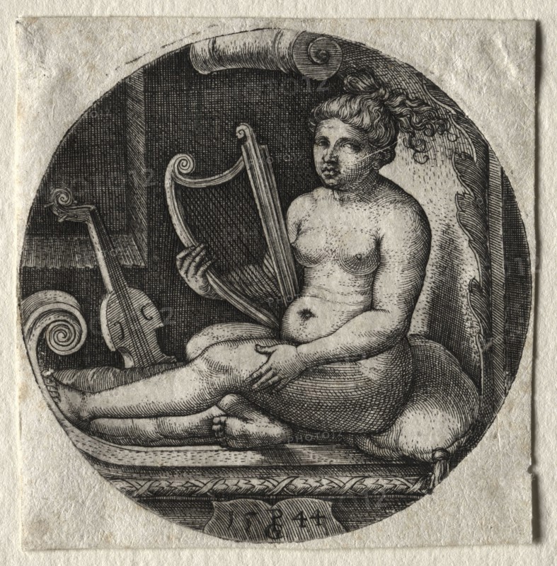 The harpist, 1544. Georg Pencz (German, c. 1500-1550). Engraving