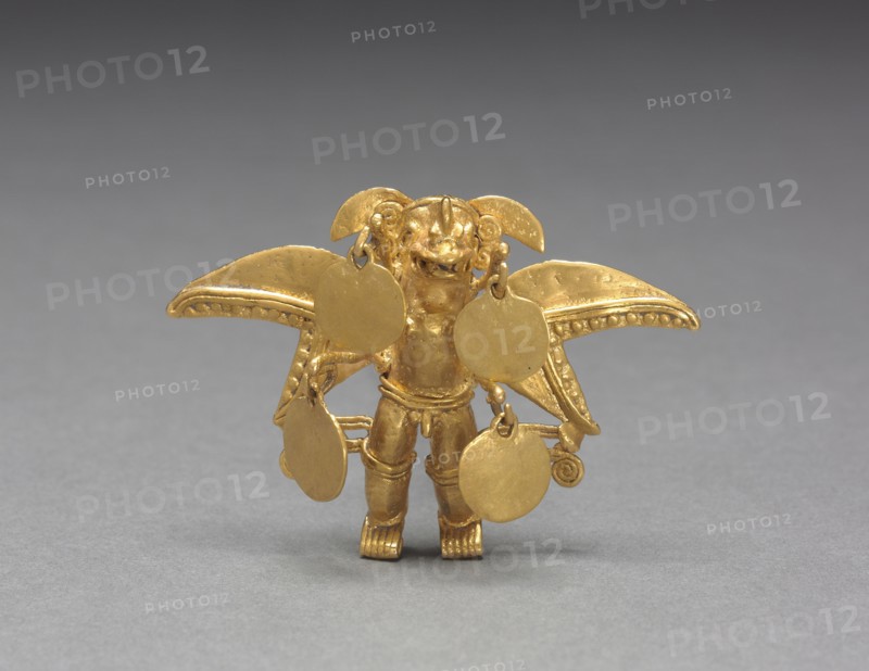 Winged Figure Pendant, c. 1000-1550. Southern Costa Rica, (Diquís Region), Diquís Style, 11th-16th century. Cast and hammered gold; overall: 5.5 x 7.9 x 2.2 cm (2 3/16 x 3 1/8 x 7/8 in.).