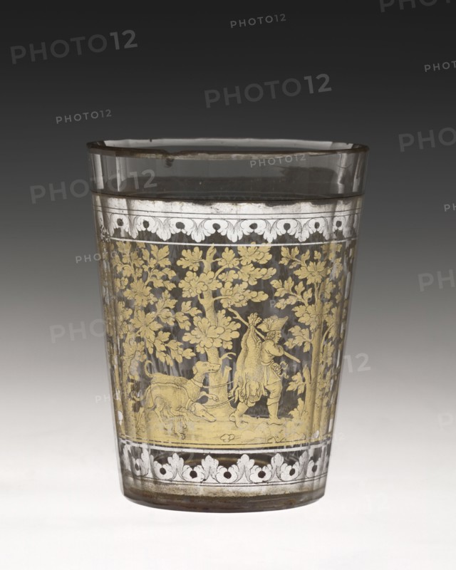 Tumbler, c. 1730. Bohemia, 18th century. Zwischengoldglas (glass); diameter: 8.5 x 6.6 cm (3 3/8 x 2 5/8 in.).