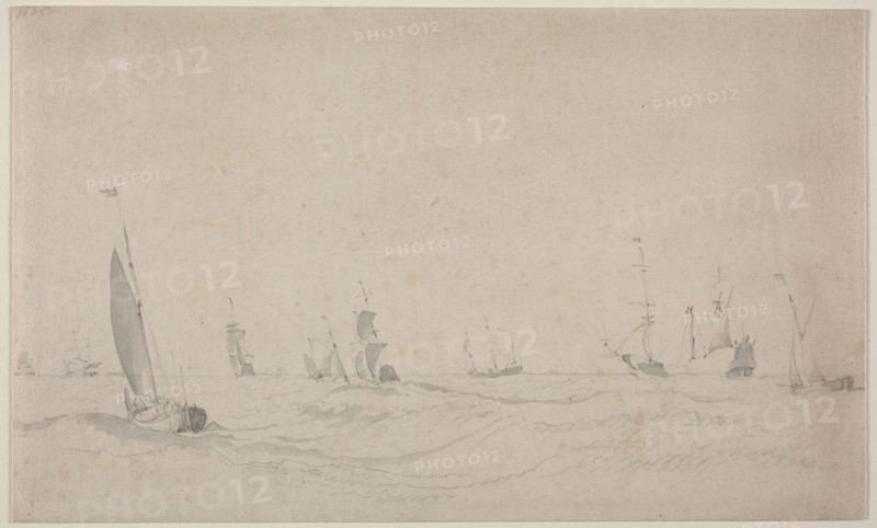 Shipping on a Rough Sea, 1665?. Willem van de Velde (Dutch, c. 1611-1693). Brush and gray wash and graphite, white gouache (upper left, medium unrelated to composition); sheet: 23.4 x 38.8 cm (9 3/16 x 15 1/4 in.); secondary support: 23.4 x 38.8 cm (9 3/16 x 15 1/4 in.).