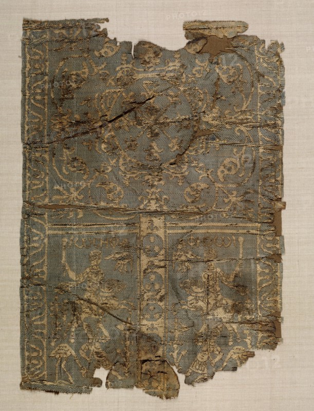 Silk Sleeve Decoration with Hunters, 700s. Egypt or Syria, Islamic period, late Umayyad or Abassid, 8th century. Complementary weft-faced twill with inner warps (samit); silk; overall: 29 x 20 cm (11 7/16 x 7 7/8 in.)