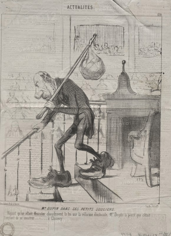 Published in le Charivari (18 May 1850): Actualities (No. 128): Mr. Dupin in his little shoes, 1850. Honoré Daumier (French, 1808-1879). Lithograph; sheet: 31.7 x 23 cm (12 1/2 x 9 1/16 in.); image: 24.7 x 21.2 cm (9 3/4 x 8 3/8 in.)