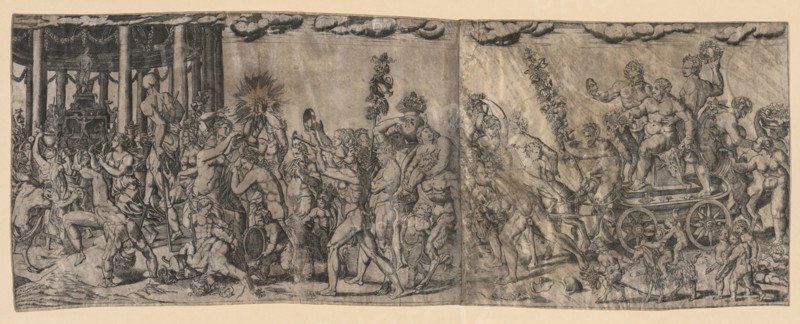 Bacchanalian Scene, late 1500s-early 1600s. Francesco Bertelli (Italian). Engraving; sheet: 30.6 x 79.7 cm (12 1/16 x 31 3/8 in.); platemark: 30 x 79.4 cm (11 13/16 x 31 1/4 in.).