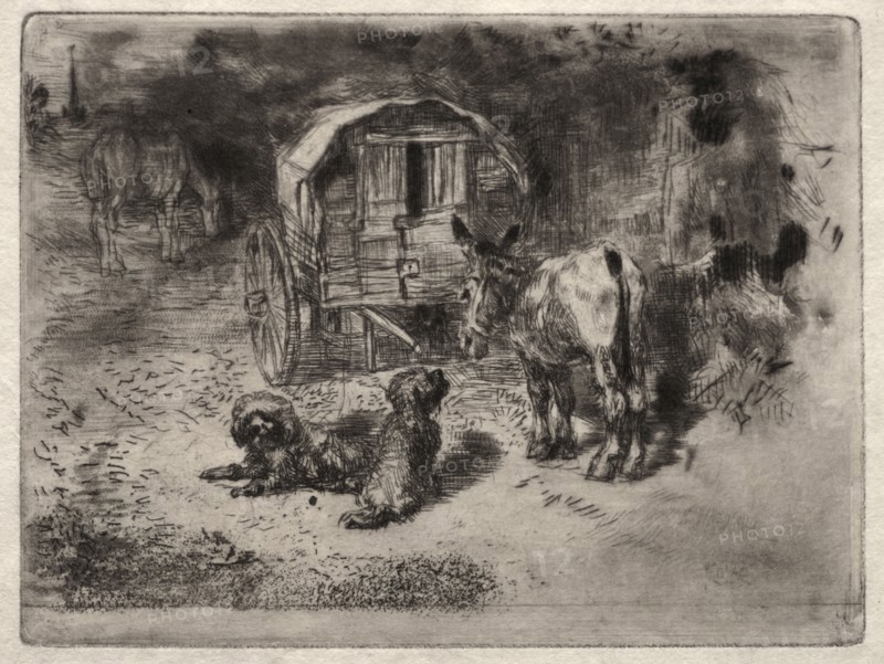 The Guardians of the House, or the Friends of the Saltimbanque, c. 1875. Félix Hilaire Buhot (French, 1847-1898). Etching, aquatint, drypoint and roulette; sheet: 19.2 x 22.3 cm (7 9/16 x 8 3/4 in.); platemark: 9.5 x 12.3 cm (3 3/4 x 4 13/16 in.)