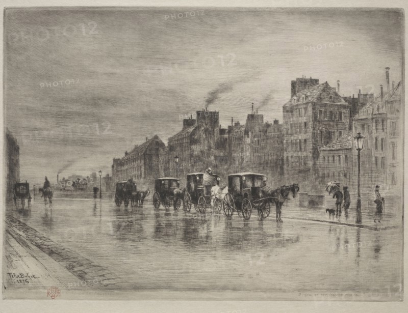 A Winter Morning on the Quai de l'Hôtel -Dieu, 1876. Félix Hilaire Buhot (French, 1847-1898). Etching, drypoint, aquatint and roulette; sheet: 34.4 x 47.5 cm (13 9/16 x 18 11/16 in.); platemark: 23.6 x 32.2 cm (9 5/16 x 12 11/16 in.)
