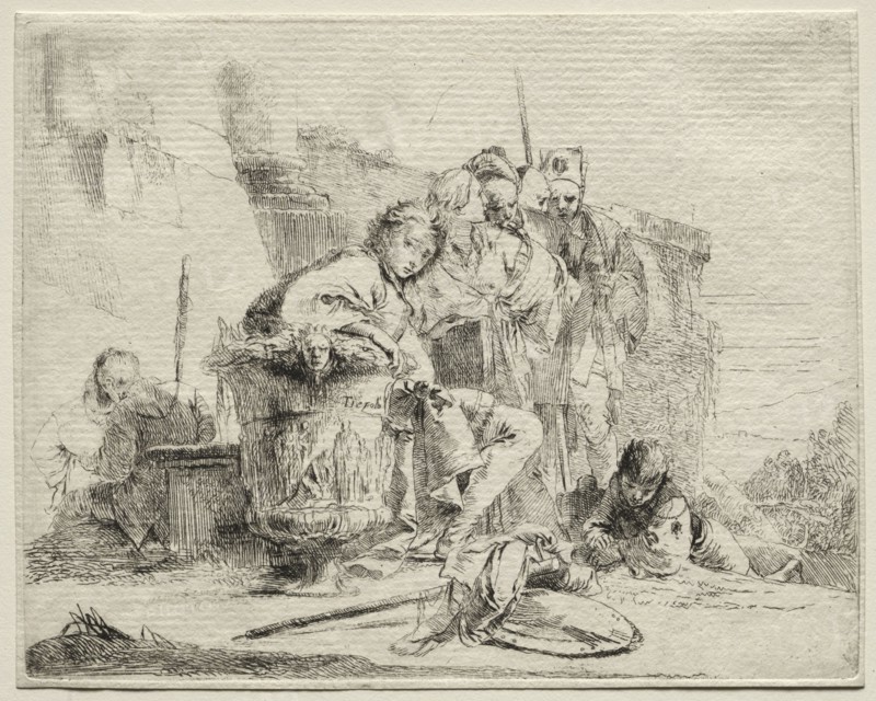 Various Caprices:  Young Man Seated, Leaning Against an Urn. Giovanni Battista Tiepolo (Italian, 1696-1770). Etching