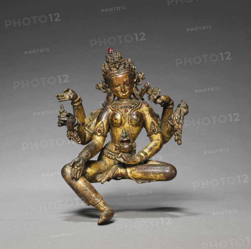 Vasudhara, Goddess of Abundance, 1300s-1400s. Nepal, 14th-15th century. Gilt bronze and semi-precious stones; overall: 16.2 cm (6 3/8 in.).