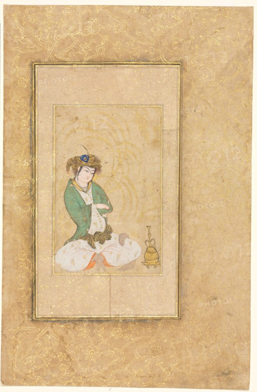 Youth Seated by a Willow; Single Page Illustration, c. 1600-1650. Style of Muhammad Yusuf (Iranian). Ink, gold, and colors on paper; sheet: 33.5 x 21.9 cm (13 3/16 x 8 5/8 in.); image: 15 x 9.6 cm (5 7/8 x 3 3/4 in.).