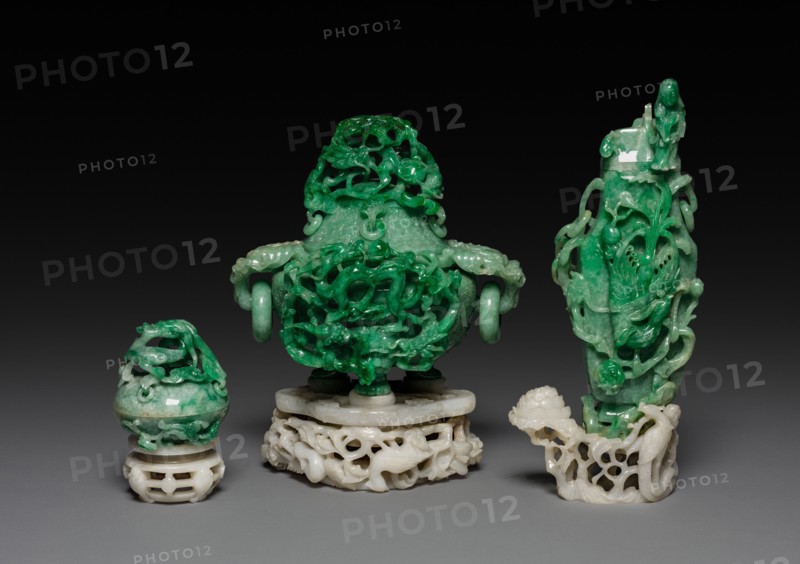 Three-Sectional Altar Group, 1644-1912. China, Qing dynasty (1644-1911). Jade; with base: 24.2 cm (9 1/2 in.); part 1: 16.5 cm (6 1/2 in.); part 2: 19.4 cm (7 5/8 in.); part 3: 7 x 6.7 cm (2 3/4 x 2 5/8 in.); part 4: 10.8 cm (4 1/4 in.); part 5: 21.4 x 8 x 4.5 cm (8 7/16 x 3 1/8 x 1 3/4 in.).