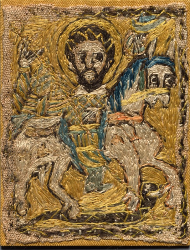 Fragment of a Clavus, late 700s - early 800s. Egypt, late 8th - early 9th centuries (Abbasid period). Embroidery on tabby weave: silk and linen; overall: 10 x 8.2 cm (3 15/16 x 3 1/4 in.)
