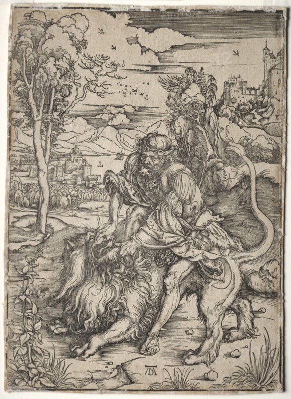 Samson Killing the Lion, c. 1496-1497. Albrecht Dürer (German, 1471-1528). Woodcut