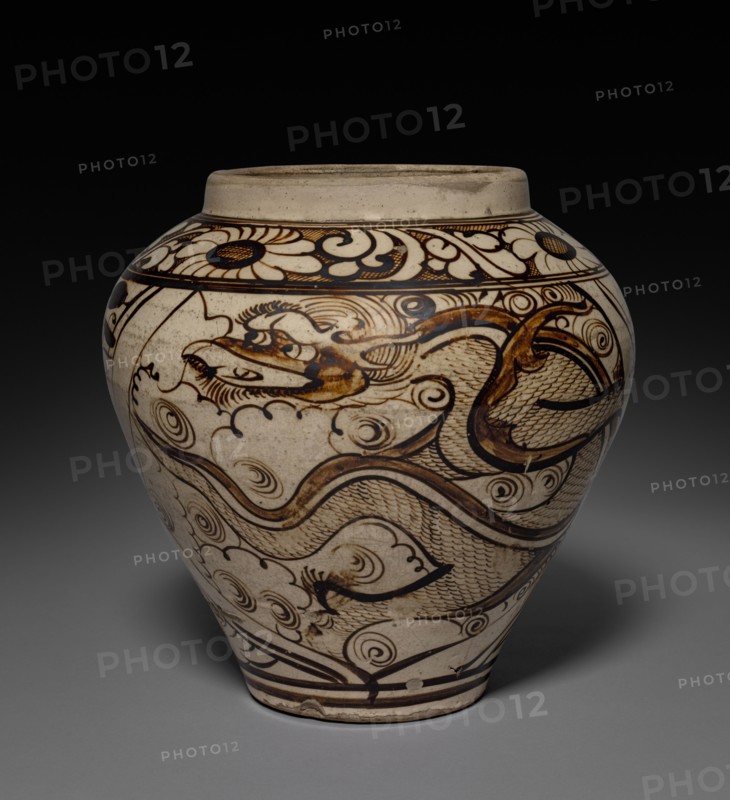Jar with Dragon:  Cizhou Ware, 1271-1368. China, Yuan dynasty (1271-1368). Glazed buff stoneware with underglaze slip application; overall: 28 cm (11 in.).