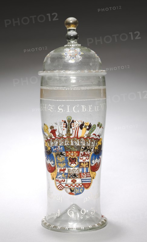 Covered Beaker (Humpen), 1693. Germany, 17th century. Enameled glass; overall: 36.9 x 10.4 cm (14 1/2 x 4 1/8 in.).