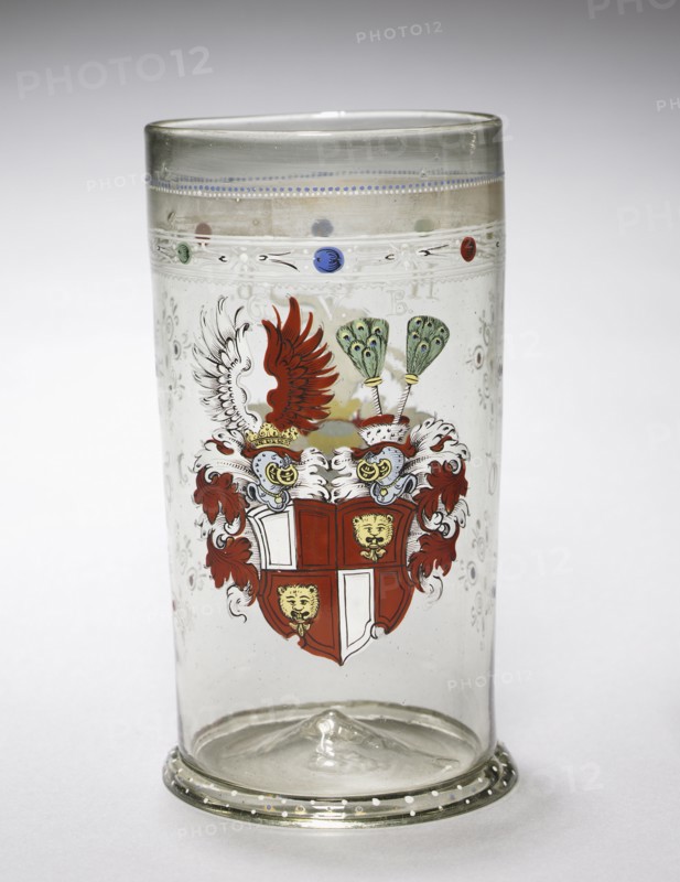 Beaker with Coats-of-Arms, 1607. Germany, 17th century. Enameled glass; overall: 19.4 x 9.7 cm (7 5/8 x 3 13/16 in.).
