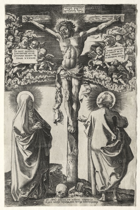 Christ on the cross between the virgin and St. John, 1542. Hans Brosamer (German, c. 1500-1554). Engraving